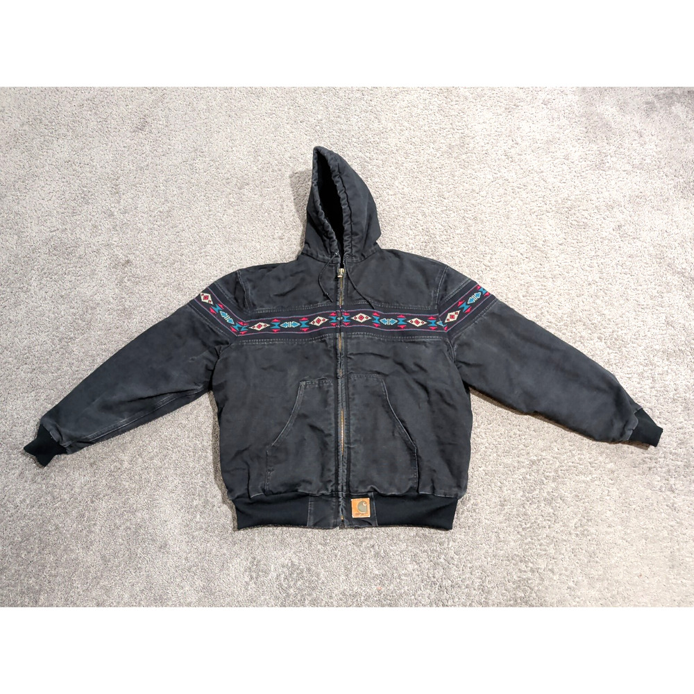 Vintage Carhartt Aztec Quilt Lined Hooded Jacket Mens XL J78 BLK RARE Fast Ship